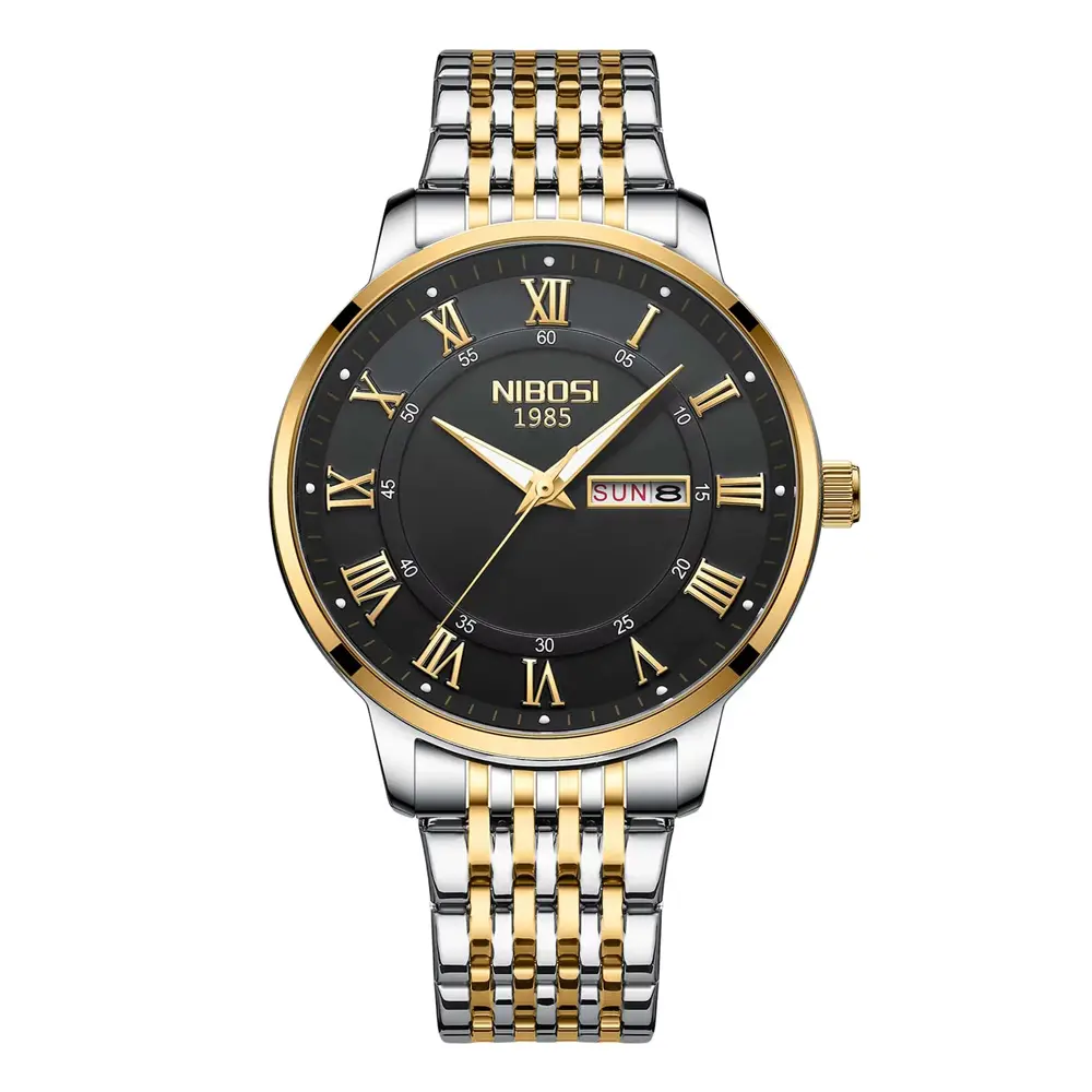 Nibosi 2569 Roman Number With Stainless Steel Analog Men's Watch – Dial Color: Black Gold, Strap Color: White Gold – View 1