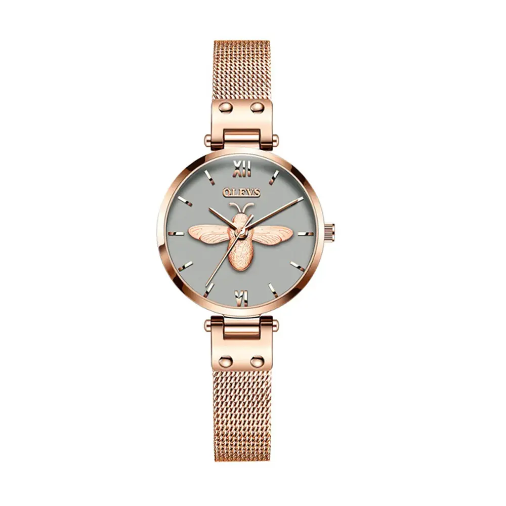 OLEVS 6895L PU Leather Analog Luxury Quartz Watch For Women – Dial Color: Grey, Strap Color: Gold  – View 1