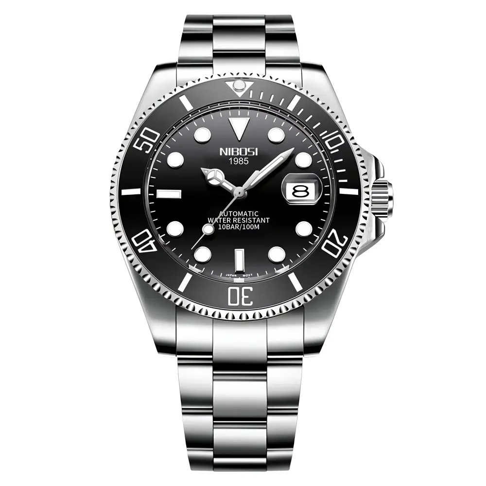 Nibosi 2597 High Quality Stainless Steel Belt Calendar Men's Watch – Dial Color: Black, Strap Color: Silver – View 1