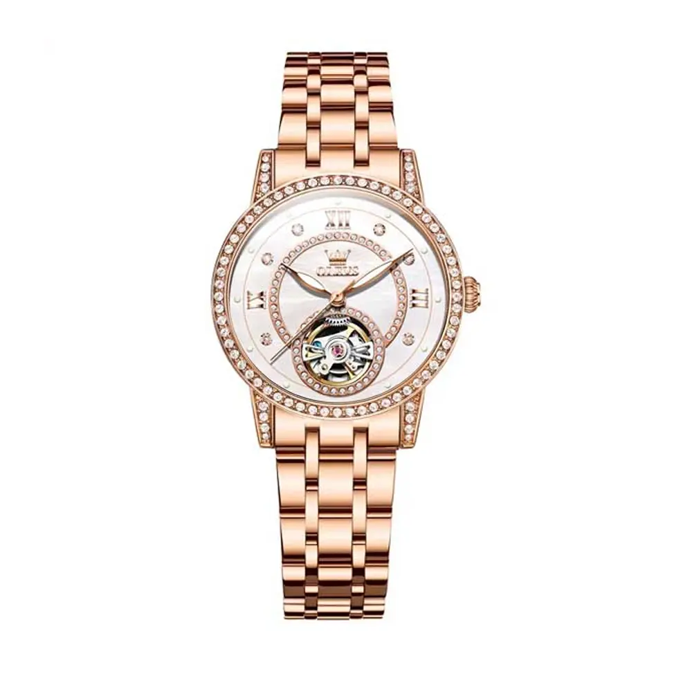 OLEVS 7036 Luminous Hands Mechanical Waterproof Lady Watch – Dial Color: Brown, Strap Color:  Brown  – View 1