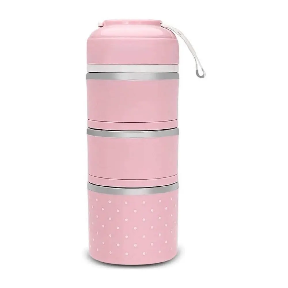 Multi-Color 3-Layer Leak-Proof Stainless Steel Lunch Box  – Color: Pink – View 1