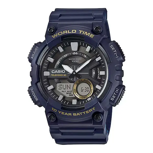 Casio AEQ-110W-1A2V Youth Telememo World Time Analog-Digital Sports Watch  – Dial Color: Black, Strap Color: Blue – View 1