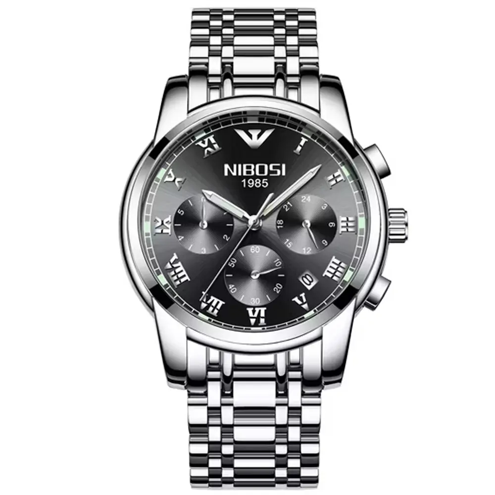 Nibosi 2301 High Quality Stainless Steel Chronograph Men's Watch – Dial Color: Black, Strap Color: Silver – View 1