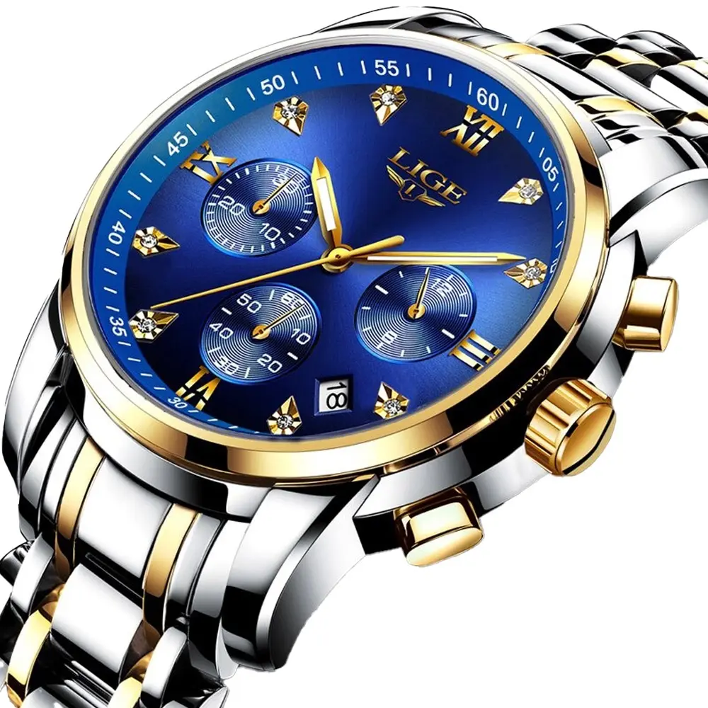 LIGE 10020 Analog Premium Stainless Steel Luxury Men's Watch – Dial Color: Blue, Strap Color: Gold  – View 1