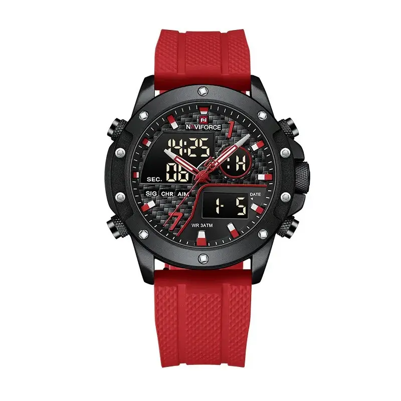 Naviforce NF9221 Lavish Silicon Rubber  Dual Time Quartz  Classic Men's Watch – Dial Color: Black, Strap Color: Red – View 1