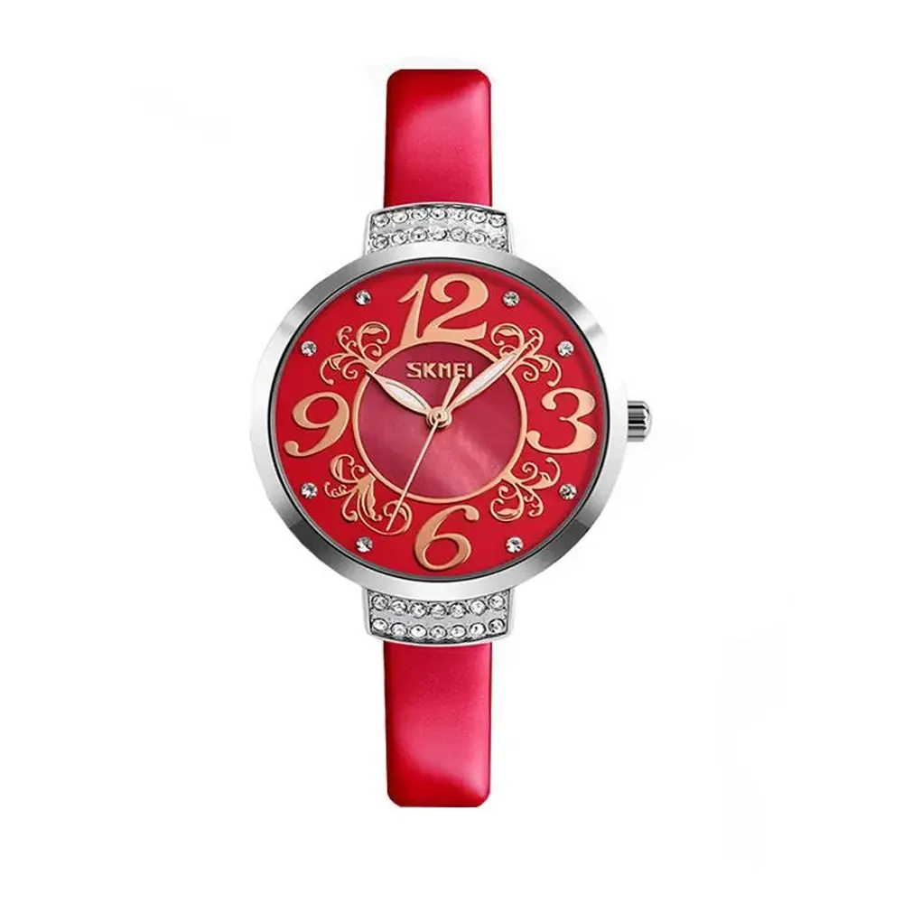 Skmei 9160 Genuine Leather Multi-Color Fashion Women Wrist Watch – Dial Color: Red, Strap Color: Red – View 1