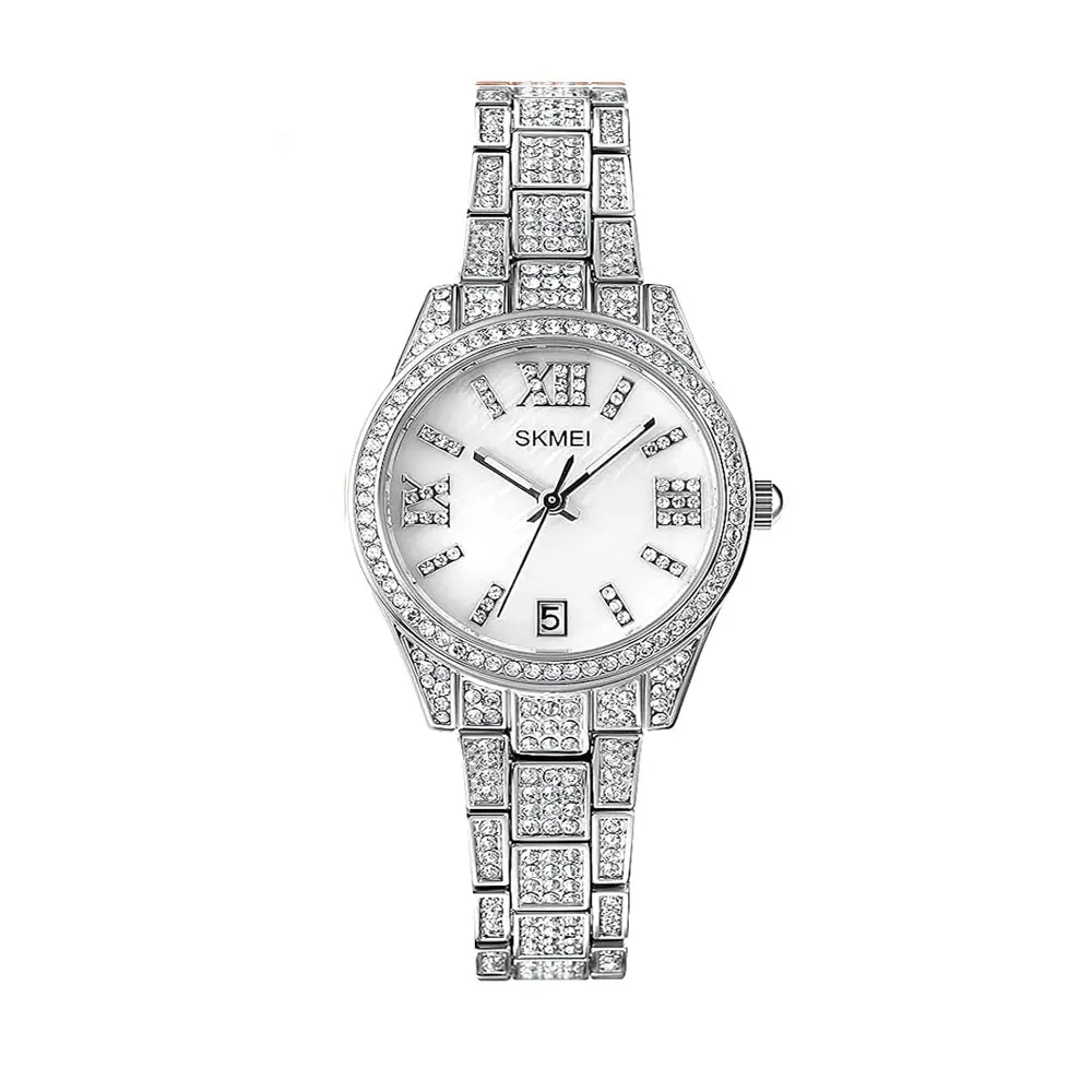 Skmei 1741 Luxury Quartz Stainless Steel Diamond Women Watches – Dial Color: White, Strap Color: Silver – View 1
