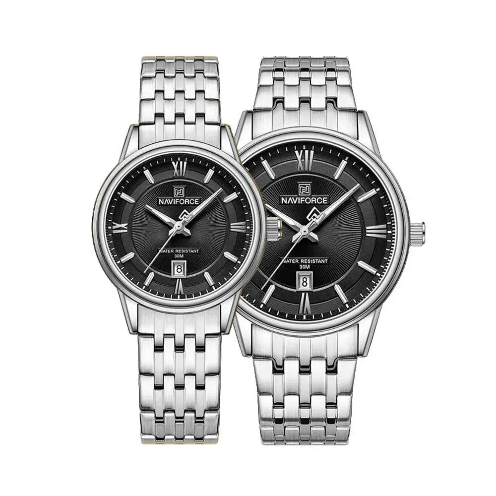 Naviforce NF8040 High Quality Stainless Steel Classic Quartz Fashion Couple's Watch – Dial Color: Black, Strap Color: Silver – View 1