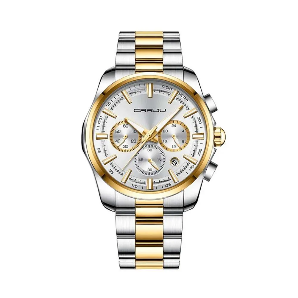 CRRJU 2296 Stainless Steel Quartz Analog Business Classic Men's Watch – Dial Color: Silver, Strap Color: Gold  – View 1