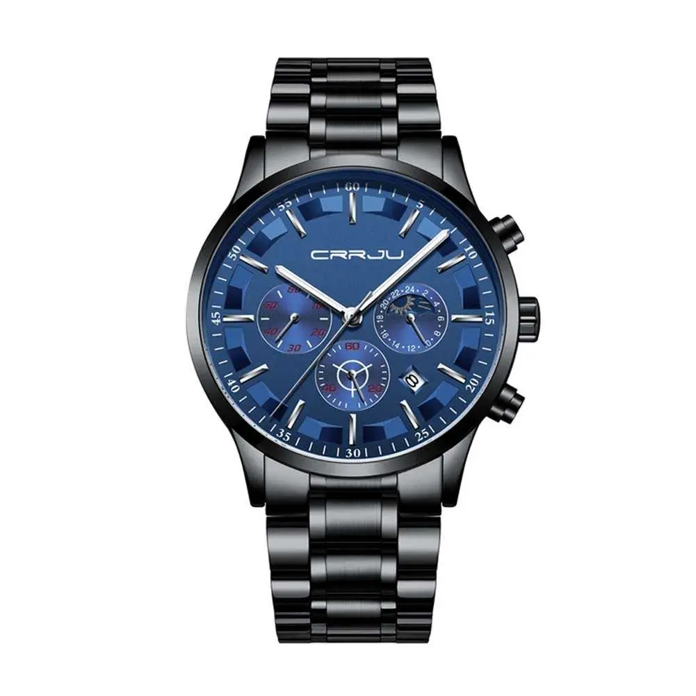 CRRJU 2260 High Quality Stainless Steel Multifunctional Quartz Classic Men's Watch – Dial Color: Blue, Strap Color: Black – View 1