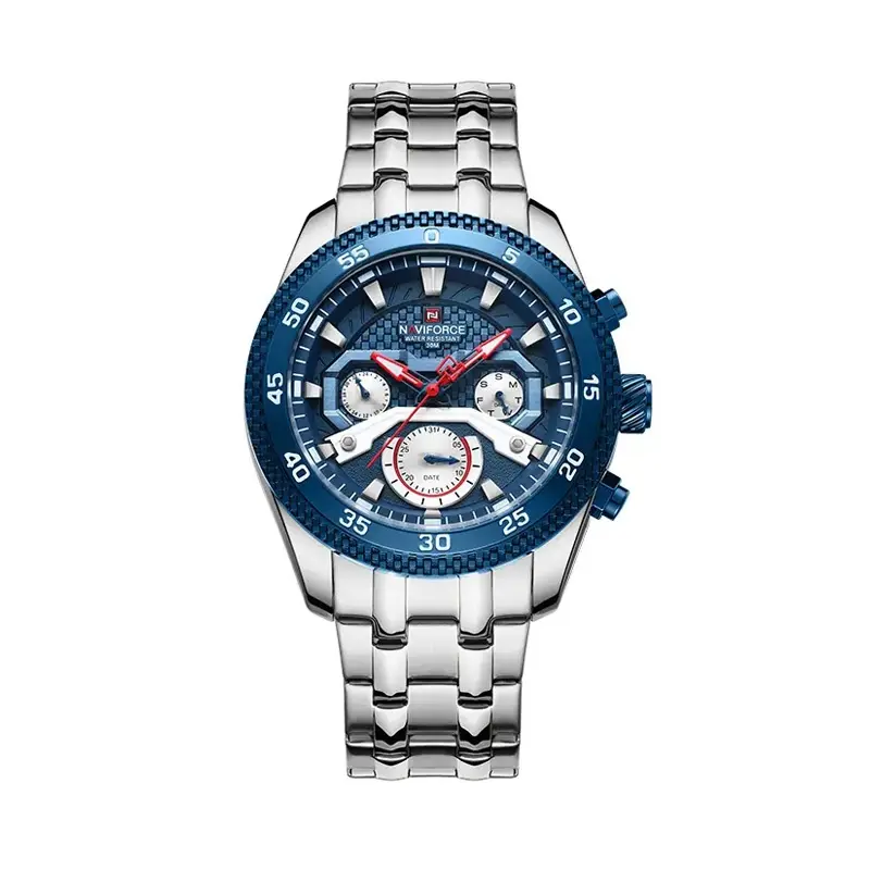 Naviforce NF9222 Luxury Stainless Steel Quartz Analog Men's Watch – Dial Color: Blue, Strap Color: Silver – View 1
