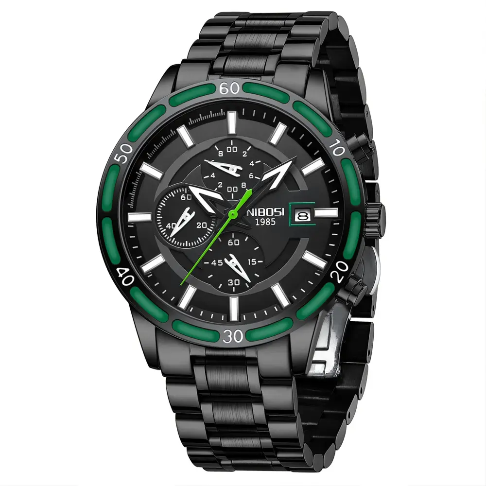 Nibosi 2568 Stainless Steel Multifunctional Chronograph classical Men's Watch – Dial Color: Gold, Strap Color: Black – View 1
