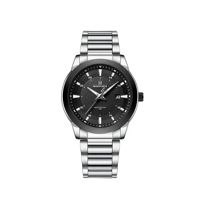 Naviforce NF8029 Luxury Stainless Steel Quartz Analog Men's Watch – Dial Color: Black, Strap Color: Silver – View 1