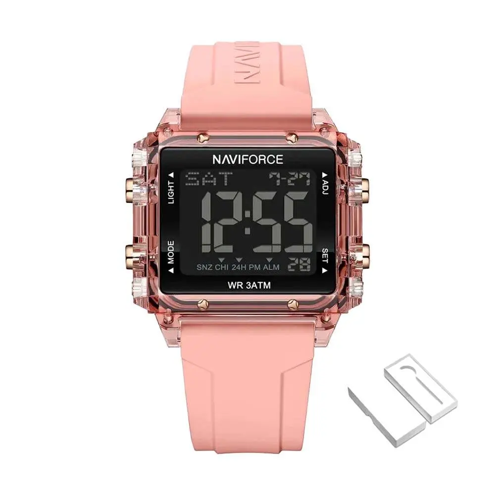 Naviforce NF7101 Silicone Strap Transparent Digital Fashion Female Wristwatch – Dial Color: Black, Strap Color: Pink – View 1