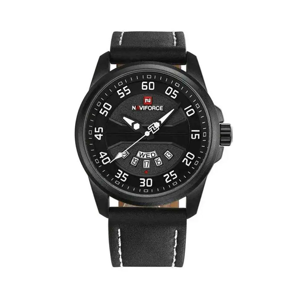 Naviforce NF9124 Luxury Leather Strap Quartz Analog Casual Style Fashion Men's Watch – Dial Color: White, Strap Color: Blue – View 1