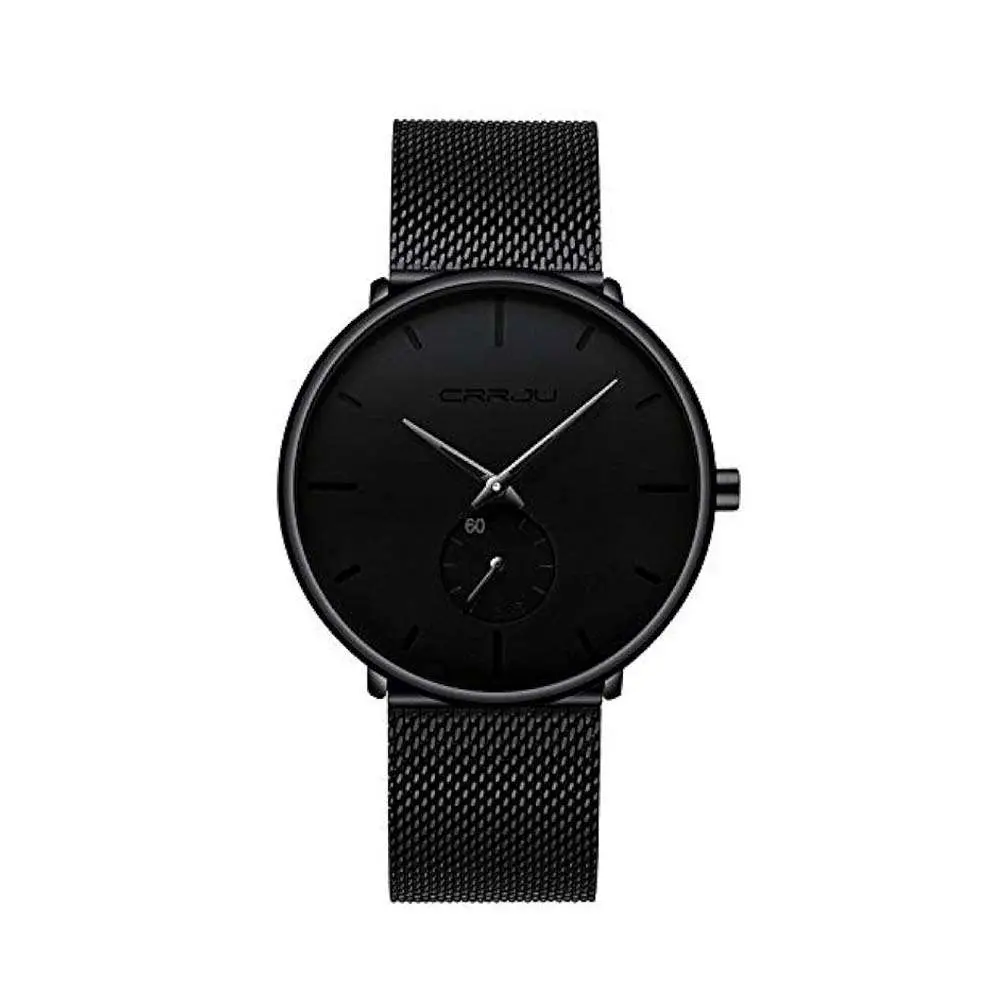CRRJU 2150 Luxury Stainless Steel Slim Mesh Band Casual Men’s Watch – Dial Color: Black, Strap Color: Black – View 1