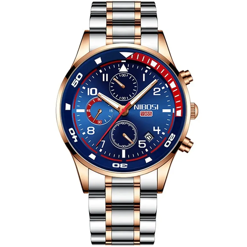  Nibosi 2386 Luxury Stainless Steel Waterproof Men's Watch – Dial Color: Navy Blue, Strap Color: Silver – View 1