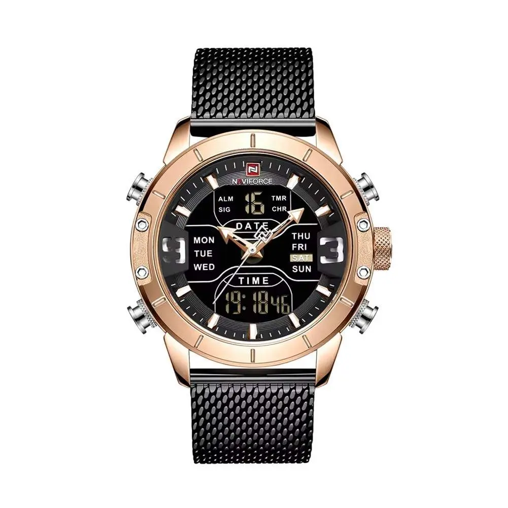 Naviforce NF9153 Mesh Stainless Steel Dual Display Multifunctional Sports Men's Watch – Dial Color: Rose Gold, Strap Color: Black – View 1