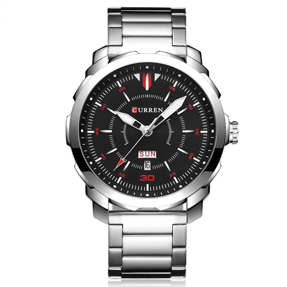 Curren 8266 Luxury Stainless Steel Quartz Fashion Men's Watch – Dial Color: Black, Strap Color: Silver – View 1