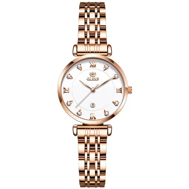 OLEVS 5866 Luxury Stainless Steel Rose Gold Flash Diamond Series Waterproof Women's Wristwatch – Dial Color: White, Strap Color: Rose Gold – View 1