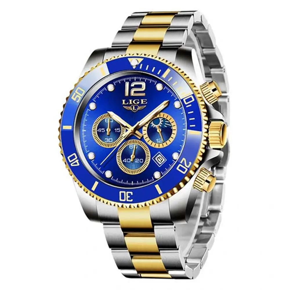 LIGE 8924 Analog Moon Phase High Quality Stainless Steel Men's Watch – Dial Color: Blue, Strap Color: Silver – View 1