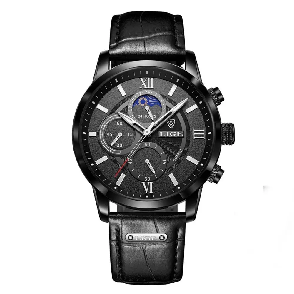 LIGE 8932 Premium Moon Phase Leather Strap Luxury Men's Watch – Dial Color: Black, Strap Color: Black – View 1