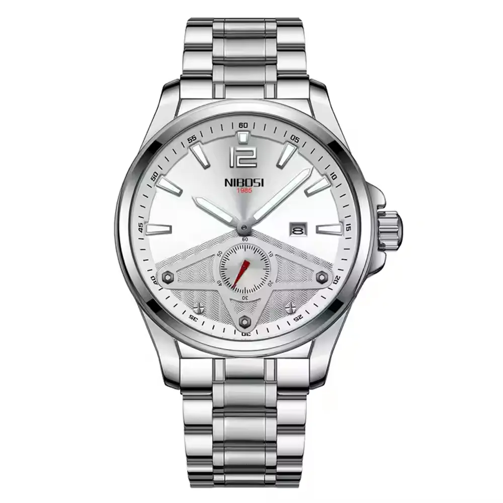 Nibosi 2511 Luxury Stainless Steel Chronograph Analog Men's Watch – Dial Color: Silver, Strap Color: Silver – View 1