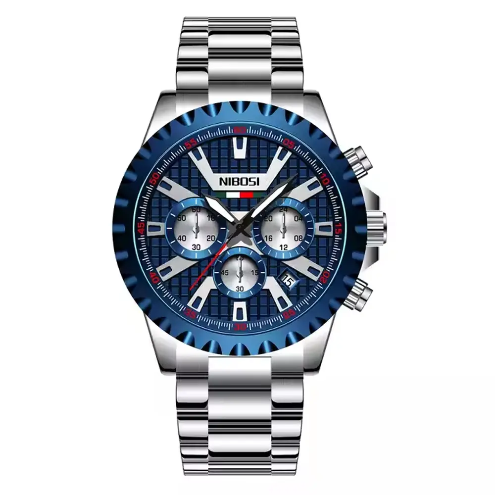 Nibosi 2505 High Quality Stainless Steel Fashionable Men's Watch – Dial Color: Sky Blue, Strap Color: Silver – View 1