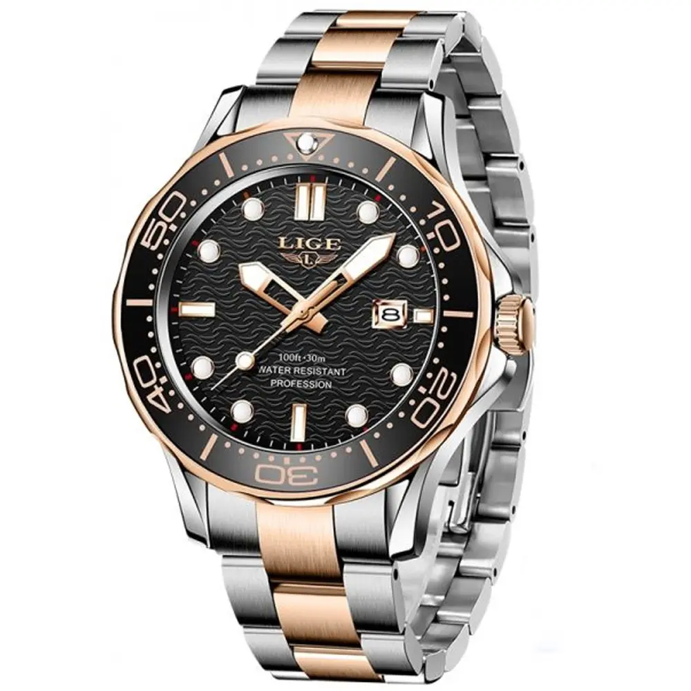LIGE 8936 Analog Stainless Steel Waterproof Luxury Men's Watch – Dial Color: Black, Strap Color: Rose – View 1
