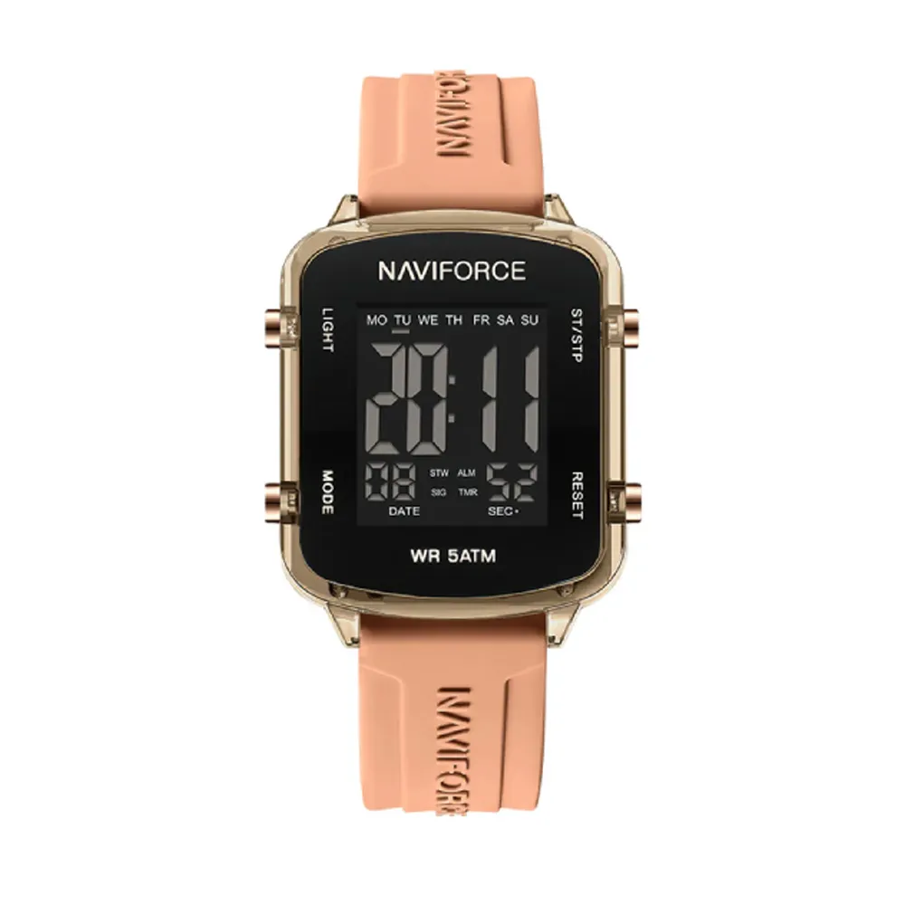 Naviforce 7120 Silicone Strap Multi-Functional Sport Fashion Digital Women Watch – Dial Color: Black, Strap Color:  Brown  – View 1