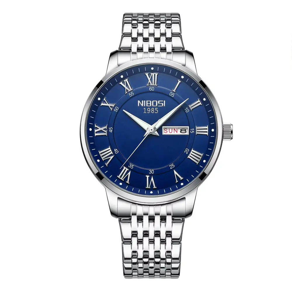 Nibosi 2569 Roman Number With Stainless Steel Analog Men's Watch – Dial Color: Blue, Strap Color: Silver – View 1