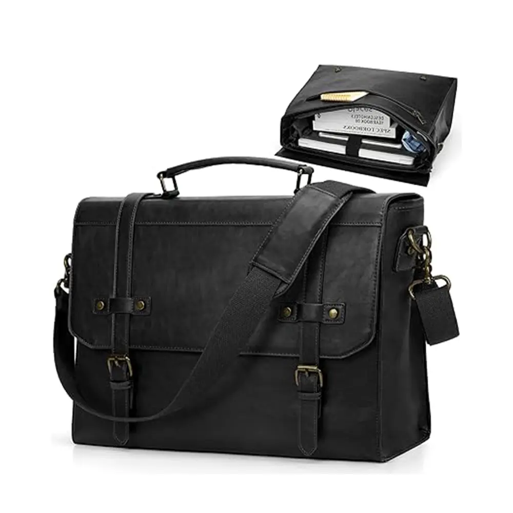 RAINSMORE Mens Waterproof Vintage Leather 17 Inch Large Office Business Bag – Color: Black – View 1