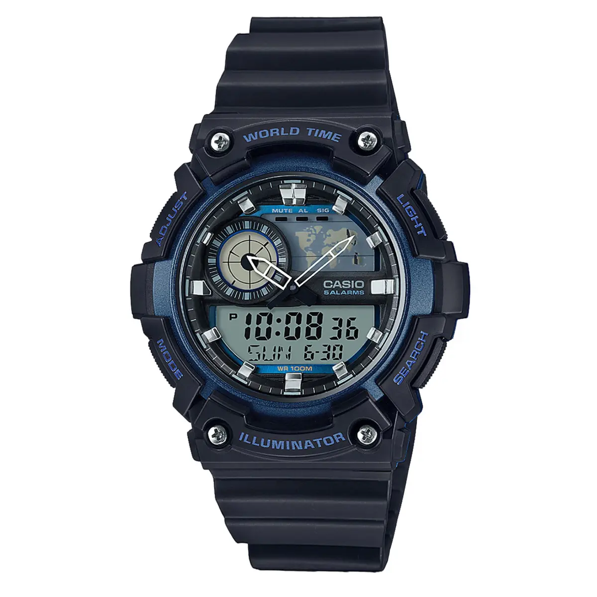 CASIO AEQ-200W-1A2VDF Resin Body Multifunctional Backlit Analog-Digital Men's Wristwatch – Dial Color: Blue, Strap Color: Black – View 1