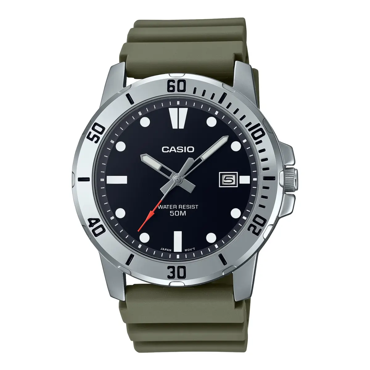 CASIO MTP-VD01-5EVUDF Enticer Stainless Steel Case Luminescent Men's Sports Analog Watch – Dial Color: Black, Strap Color: Green  – View 1
