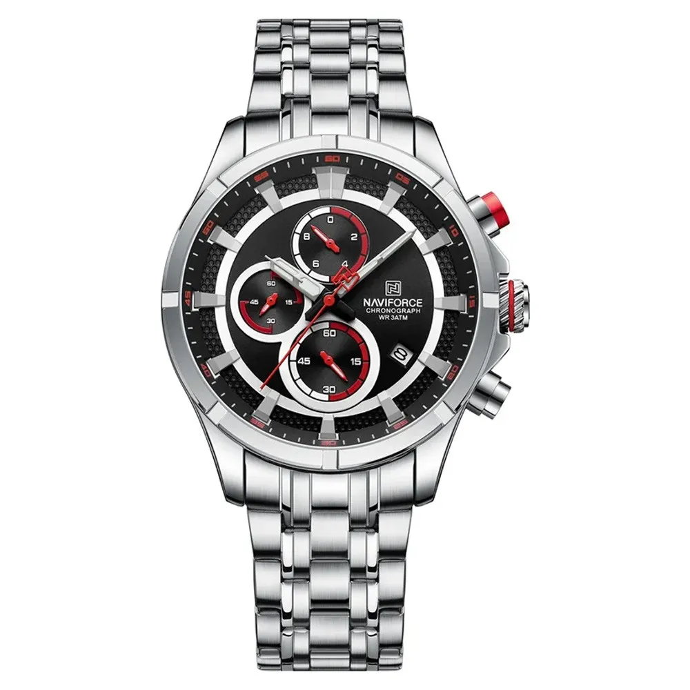 Naviforce 8046 Chronograph Stainless Steel Men Watch – Dial Color: Black, Strap Color: Silver – View 1