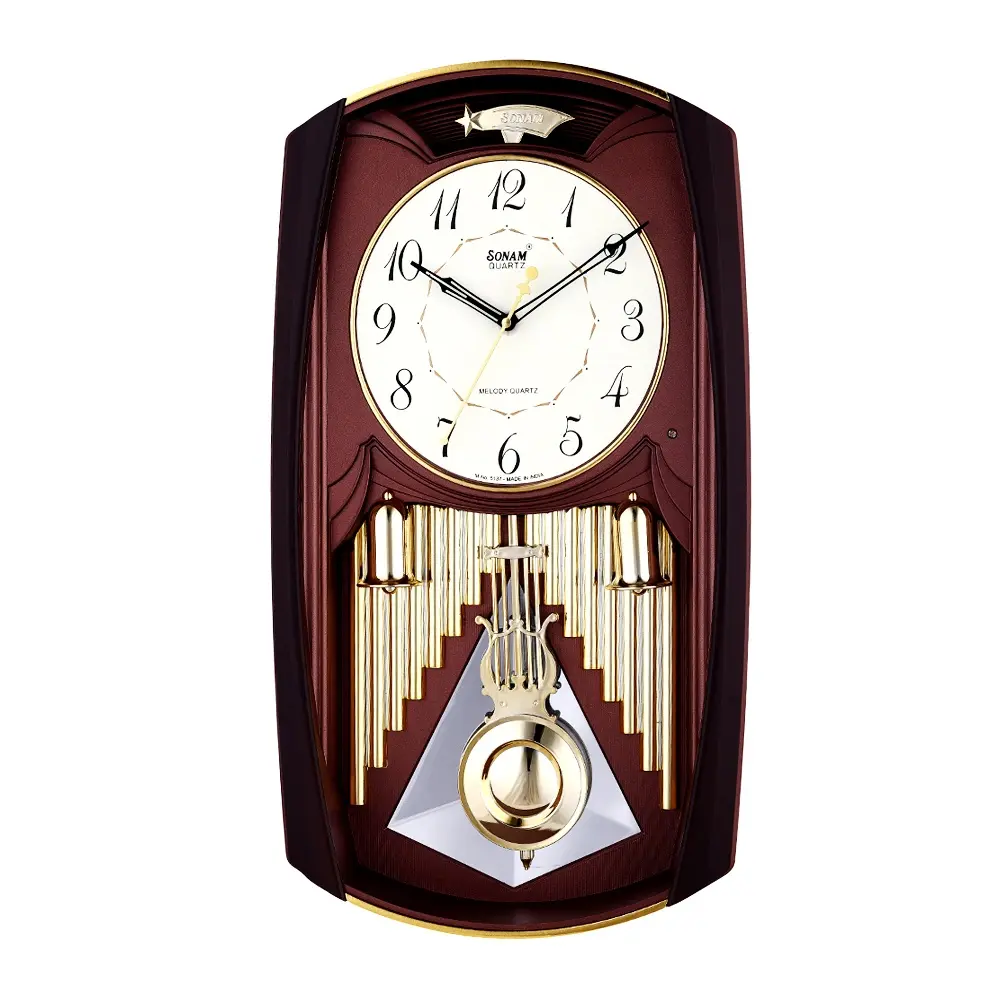 Sonam 5137 SST Pendulum Musical Wall Clock Various Color Range – Color: Brown – View 1