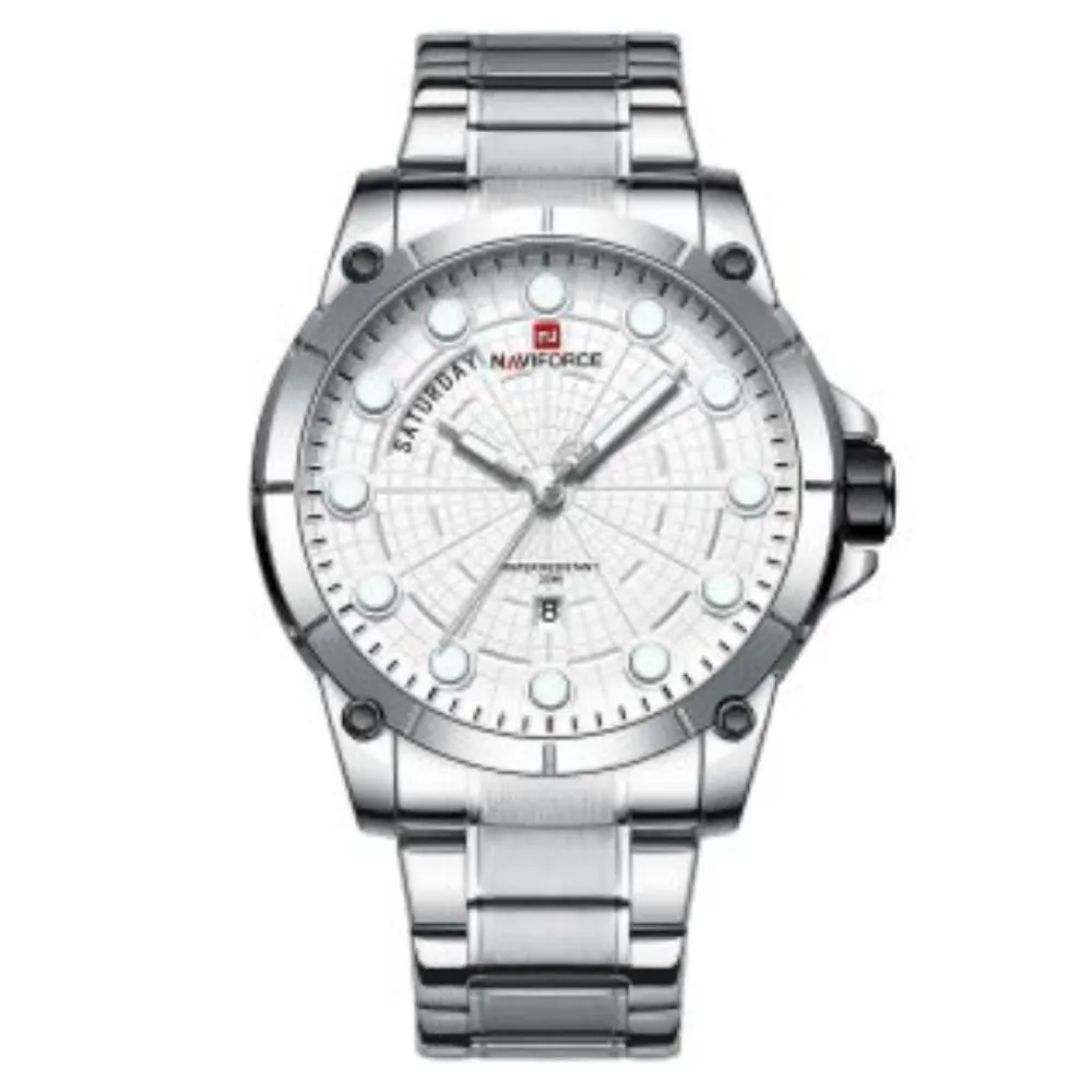 NAVIFORCE 9152 Luxury Brand Stainless Steel Quartz Man's Watch – Dial Color: Silver, Strap Color: Silver – View 1