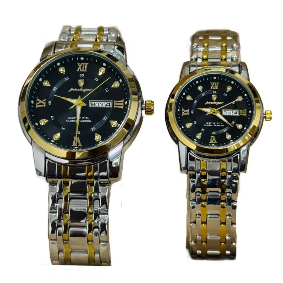 Poedagar 936 Couple Watch - Black Silver With Premium Box – Dial Color: Black, Strap Color: Silver – View 1