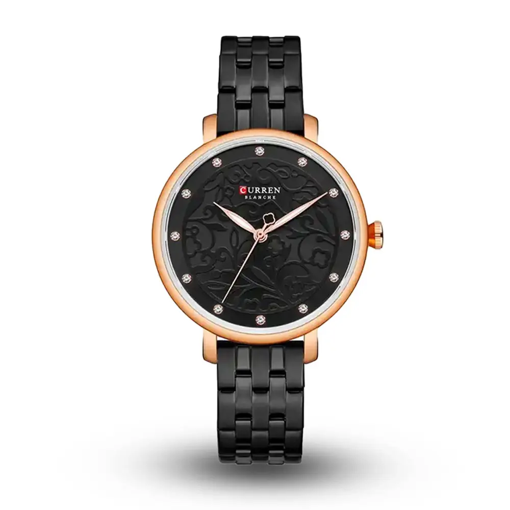 CURREN 9046 Stainless Steel Analog Watch For Women – Dial Color: Black, Strap Color: Black – View 1