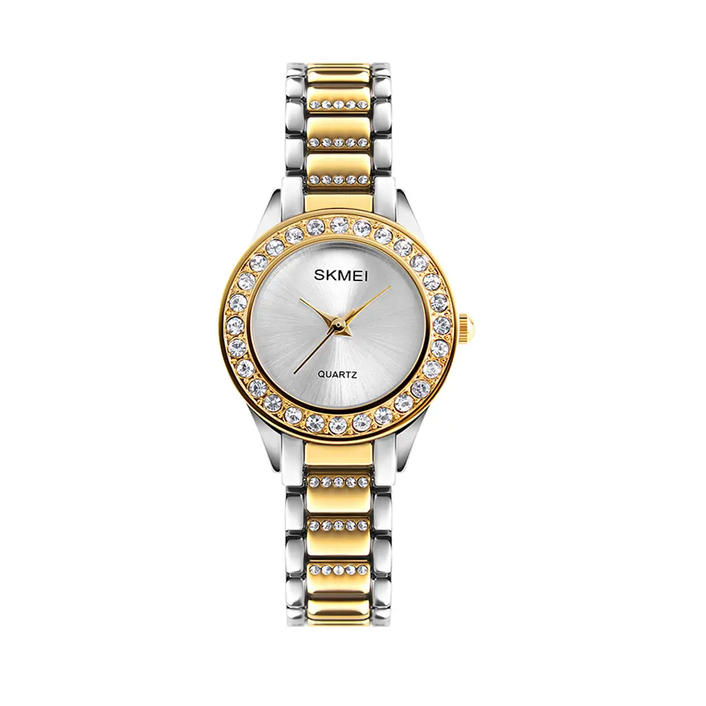 SKMEI 1262 Women Stainless Steel Strap Quartz Watch – Dial Color: Silver, Strap Color: Gold  – View 1