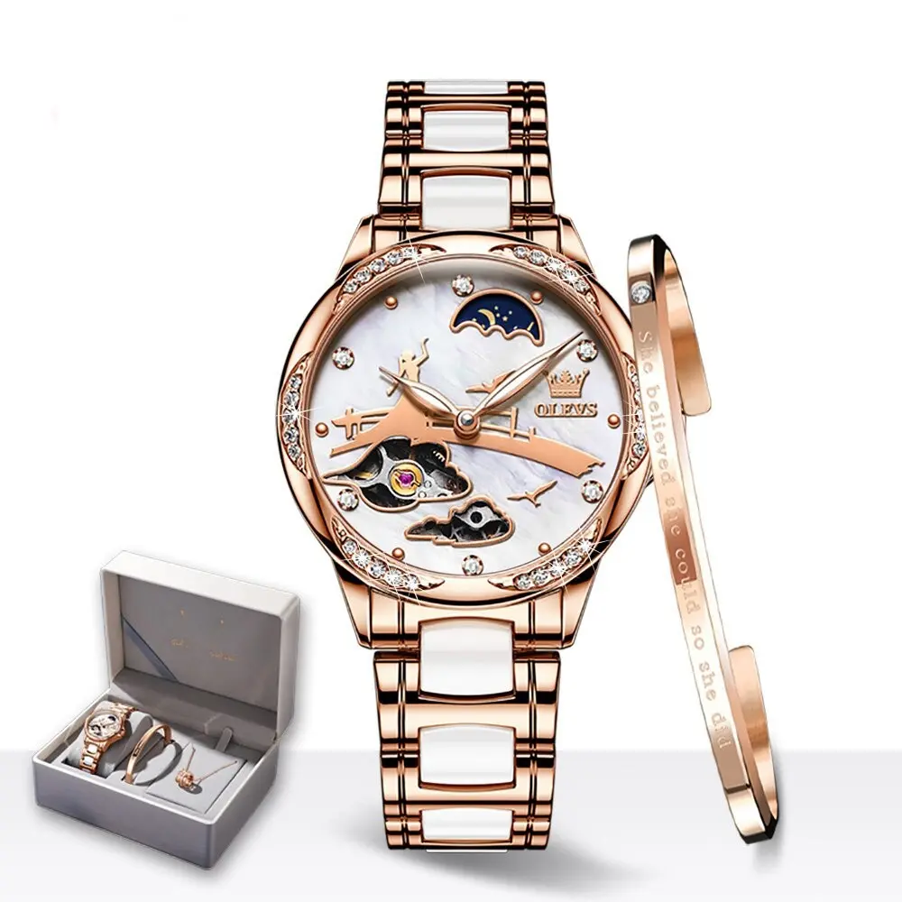 Olevs 6639 automatic mechanical ceramic wristwatch set gift for women – Dial Color: White, Strap Color: White – View 1