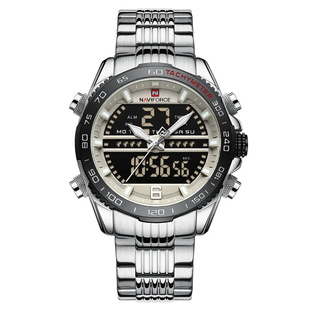 NAVIFORCE NF9195 Stainless Steel Dual Time Men's Watch – Dial Color: Grey, Strap Color: Silver – View 1