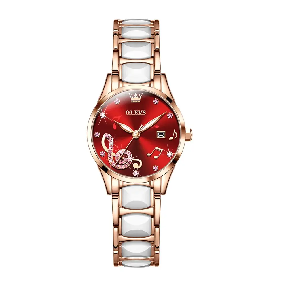 Olevs 3605 Luxury Quartz Rhinestone Ceramics Strap Wristwatch – Dial Color: Red, Strap Color: White – View 1