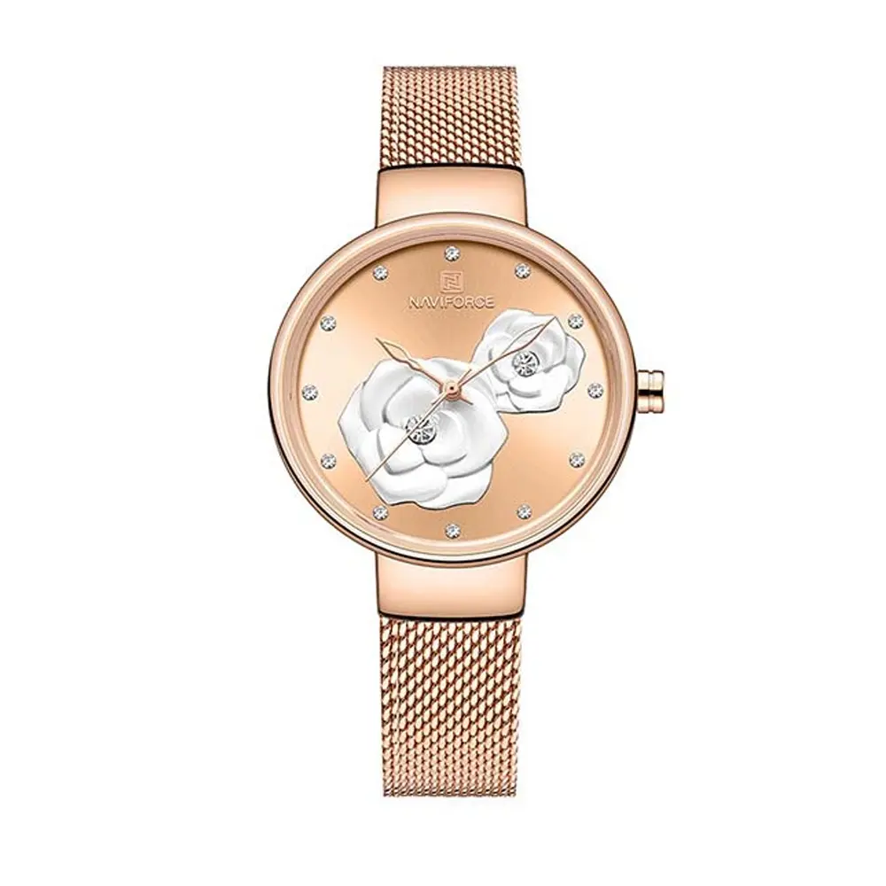 NAVIFORCE NF5013 Mesh Stainless Steel Analog Watch For Women – Dial Color: Brown, Strap Color:  Brown  – View 1