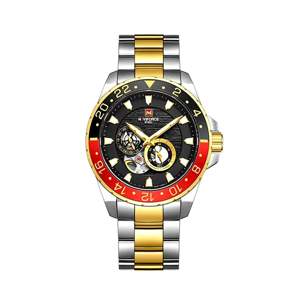 Naviforce NFS1003 Mechanical Movement Watch – Dial Color: Black, Strap Color: Gold – View 1