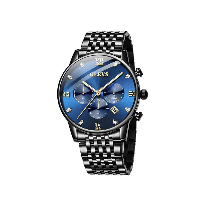 OLEVS 2868 Luxurious Waterproof Braided Stainless Steel Chain Men's Quartz Watch – Dial Color: Blue, Strap Color: Black – View 1