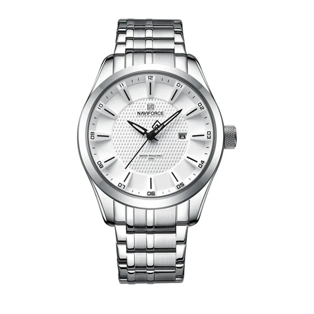Naviforce 8032 Stainless Steel And Multifunction Waterproof Men's Watch – Dial Color: White, Strap Color: White – View 1