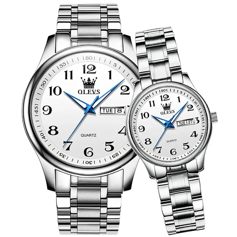 OLEVS 5567 Royal Stainless Steel Waterproof Chronograph Couple's Watch with Luminous – Dial Color: White, Strap Color: White – View 1