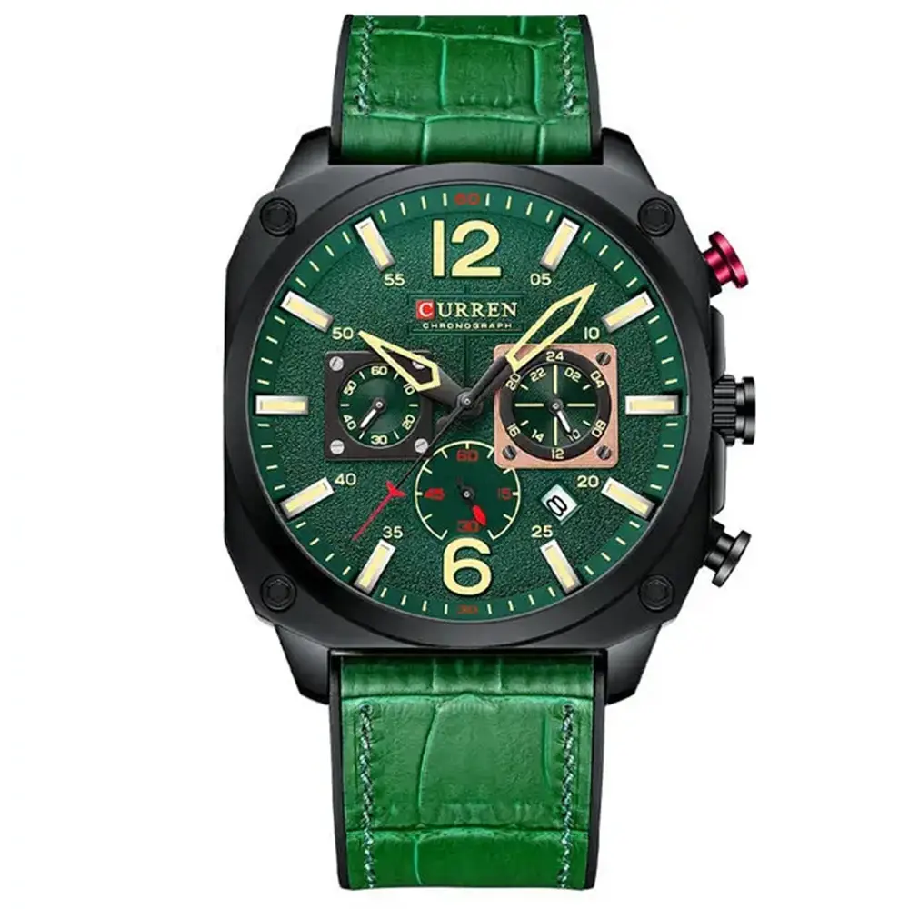 Curren 8398 Luxury Genuine Leather Straps Chronograph Sports Men's Watch – Dial Color: Green, Strap Color: Green  – View 1