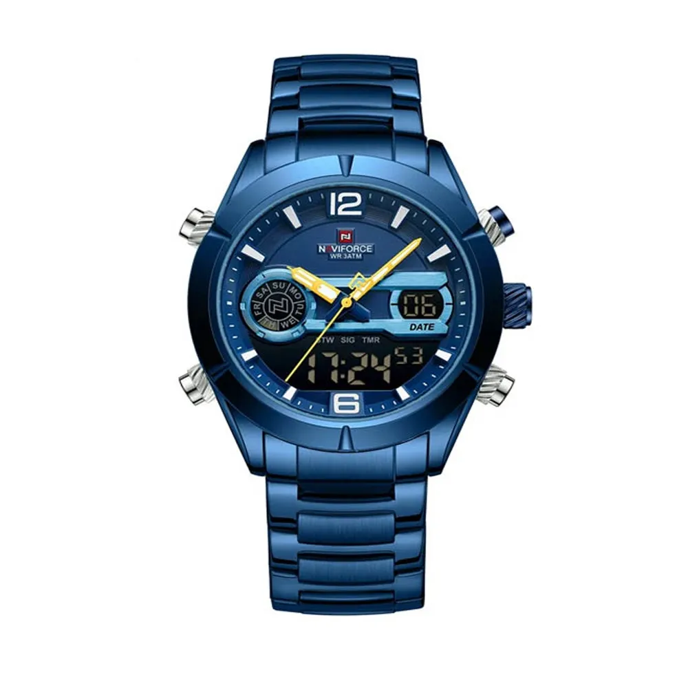 Naviforce 9232 Luxury Stainless Steel Strap Analog Digital Sports Men's Watch – Dial Color: Blue, Strap Color: Blue – View 1
